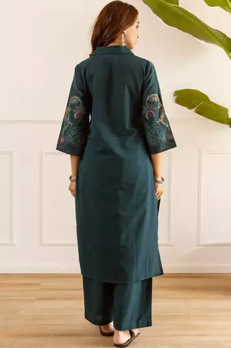 women ethnic motifs embroidered regular thread work kurta with palazzos