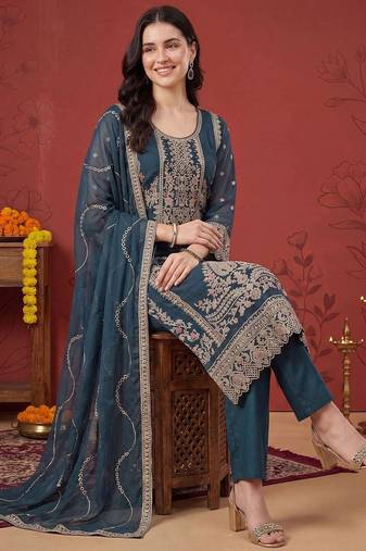 women ethnic motifs embroidered regular thread work kurta with trousers & with dupatta