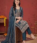 women ethnic motifs embroidered regular thread work kurta with trousers & with dupatta