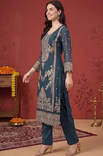 women ethnic motifs embroidered regular thread work kurta with trousers & with dupatta