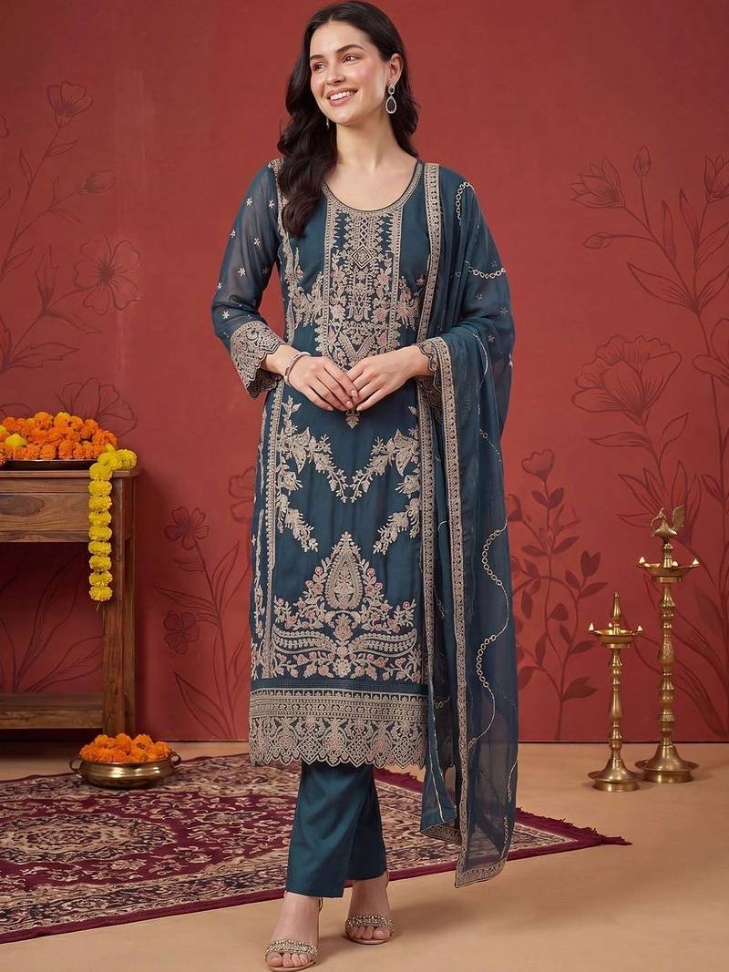 women ethnic motifs embroidered regular thread work kurta with trousers & with dupatta