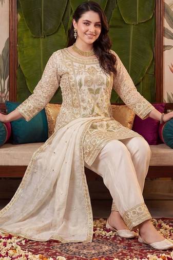 women floral embroidered regular kurta with trousers & with dupatta