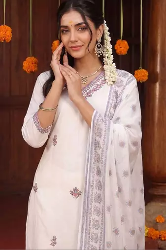 women ethnic motifs embroidered regular thread work cotton kurta with trousers & with dupatta