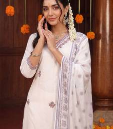 women ethnic motifs embroidered regular thread work cotton kurta with trousers & with dupatta