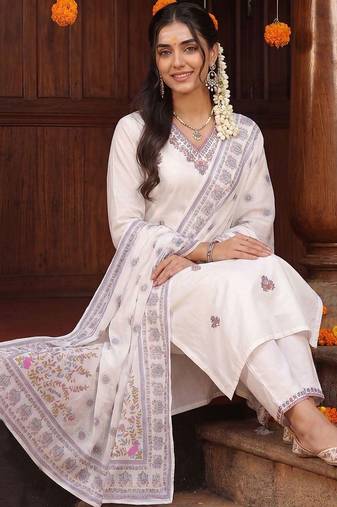 women ethnic motifs embroidered regular thread work cotton kurta with trousers & with dupatta