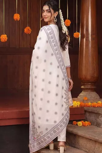 women ethnic motifs embroidered regular thread work cotton kurta with trousers & with dupatta