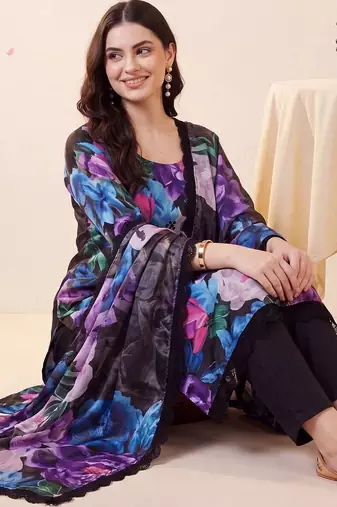 women floral printed regular kurta with trousers & with dupatta