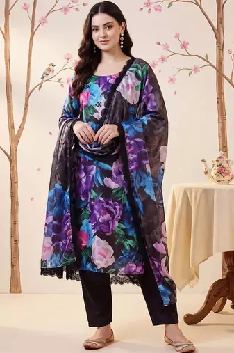 women floral printed regular kurta with trousers & with dupatta