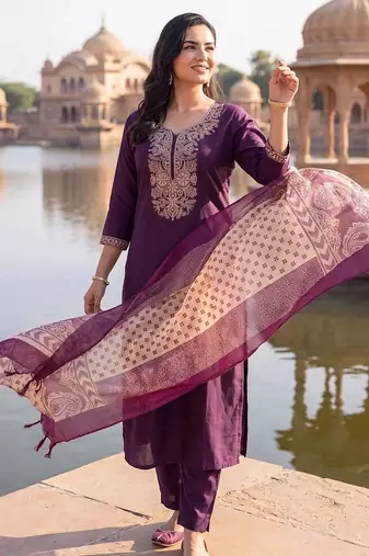 women ethnic motifs embroidered regular thread work kurta with trousers & with dupatta