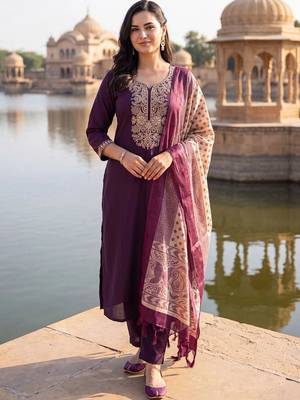 women ethnic motifs embroidered regular thread work kurta with trousers & with dupatta 2