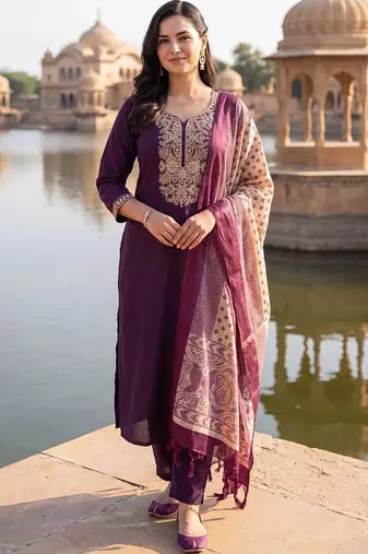 women ethnic motifs embroidered regular thread work kurta with trousers & with dupatta