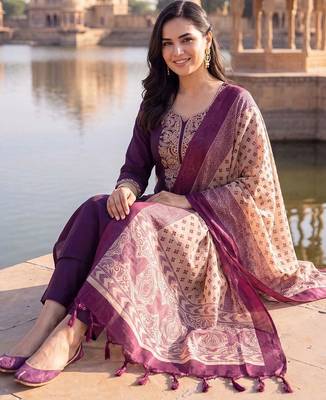 women ethnic motifs embroidered regular thread work kurta with trousers & with dupatta 4