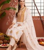 women ethnic motifs embroidered regular thread work kurta with trousers & with dupatta