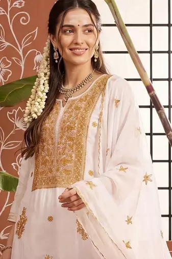 women ethnic motifs embroidered regular thread work kurta with trousers & with dupatta