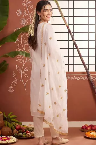 women ethnic motifs embroidered regular thread work kurta with trousers & with dupatta