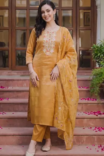 women ethnic motifs embroidered regular thread work liva kurta with trousers & with dupatta