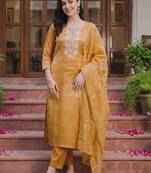 women ethnic motifs embroidered regular thread work liva kurta with trousers & with dupatta