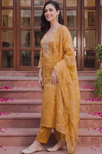 women ethnic motifs embroidered regular thread work liva kurta with trousers & with dupatta