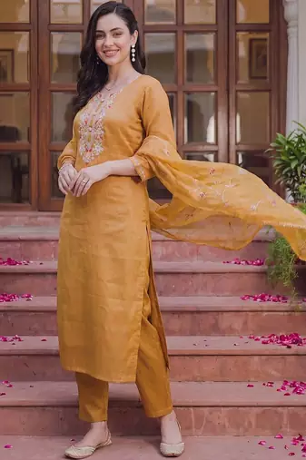 women ethnic motifs embroidered regular thread work liva kurta with trousers & with dupatta