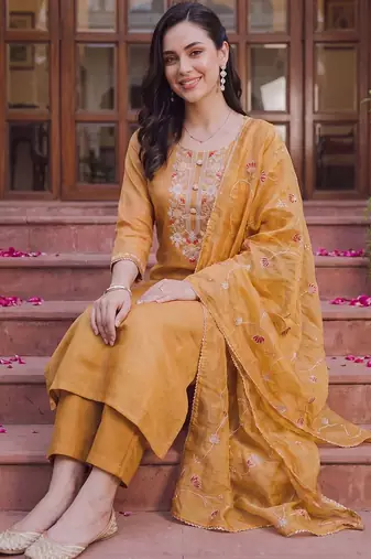 women ethnic motifs embroidered regular thread work liva kurta with trousers & with dupatta
