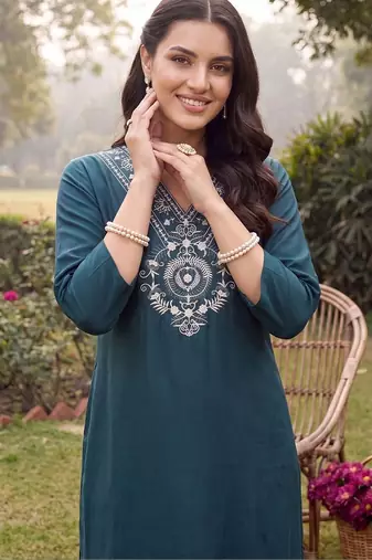 women ethnic motifs embroidered regular thread work kurta with trousers