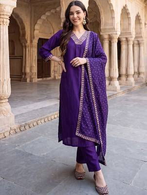 women regular thread work kurta with trousers & with dupatta 6