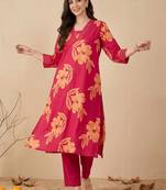 women floral printed regular thread work cotton kurta with trousers