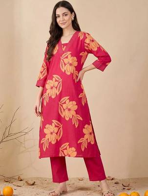 women floral printed regular thread work cotton kurta with trousers 5