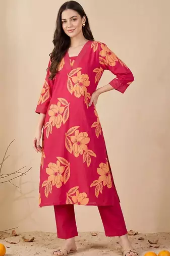 women floral printed regular thread work cotton kurta with trousers