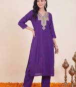 women ethnic motifs embroidered regular thread work kurta with trousers