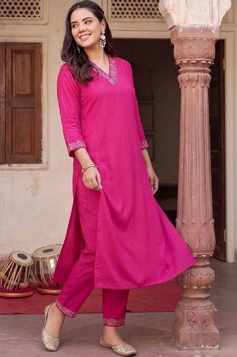 women ethnic motifs embroidered regular thread work kurta with trousers