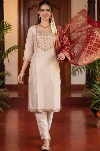 women ethnic motifs embroidered regular kurta with trousers & with dupatta