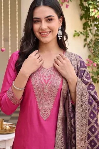 women ethnic motifs embroidered regular thread work kurta with trousers & with dupatta
