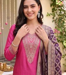 women ethnic motifs embroidered regular thread work kurta with trousers & with dupatta