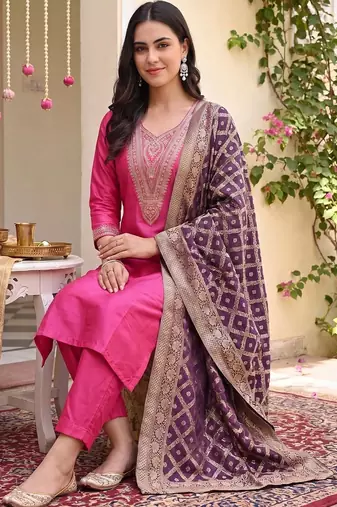 women ethnic motifs embroidered regular thread work kurta with trousers & with dupatta
