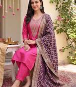 women ethnic motifs embroidered regular thread work kurta with trousers & with dupatta