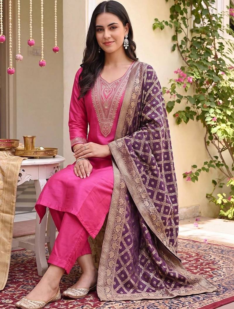 women ethnic motifs embroidered regular thread work kurta with trousers & with dupatta