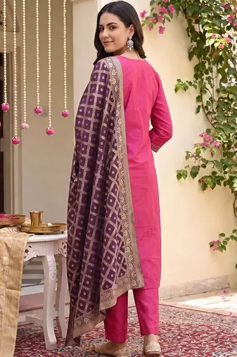 women ethnic motifs embroidered regular thread work kurta with trousers & with dupatta