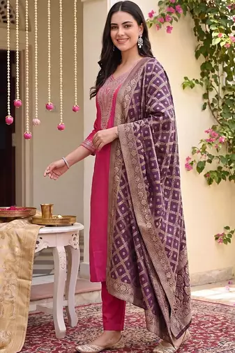 women ethnic motifs embroidered regular thread work kurta with trousers & with dupatta