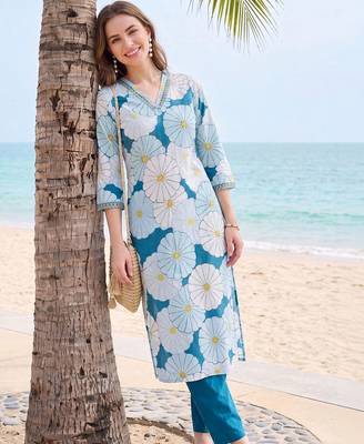 women floral printed regular cotton kurta with trousers 1