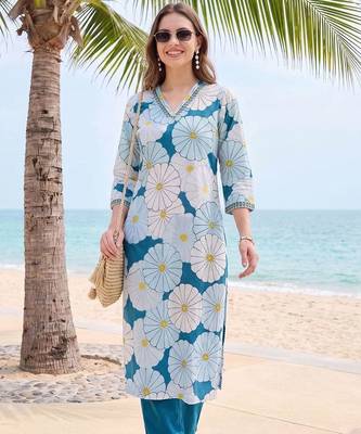 women floral printed regular cotton kurta with trousers 6