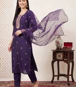women ethnic motifs embroidered regular thread work kurta with trousers & with dupatta