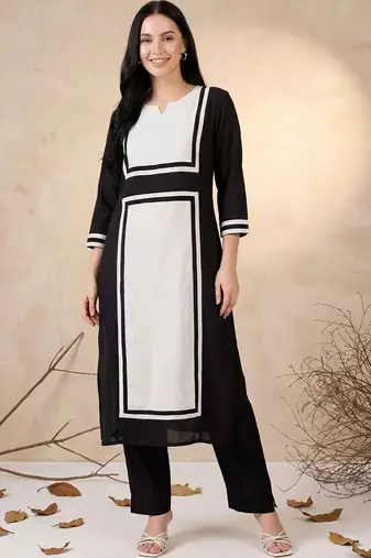 women colourblocked regular chanderi silk kurta with trousers