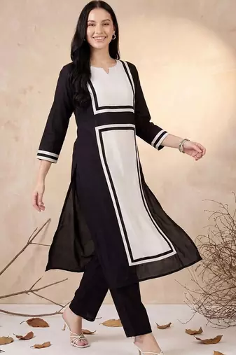 women colourblocked regular chanderi silk kurta with trousers