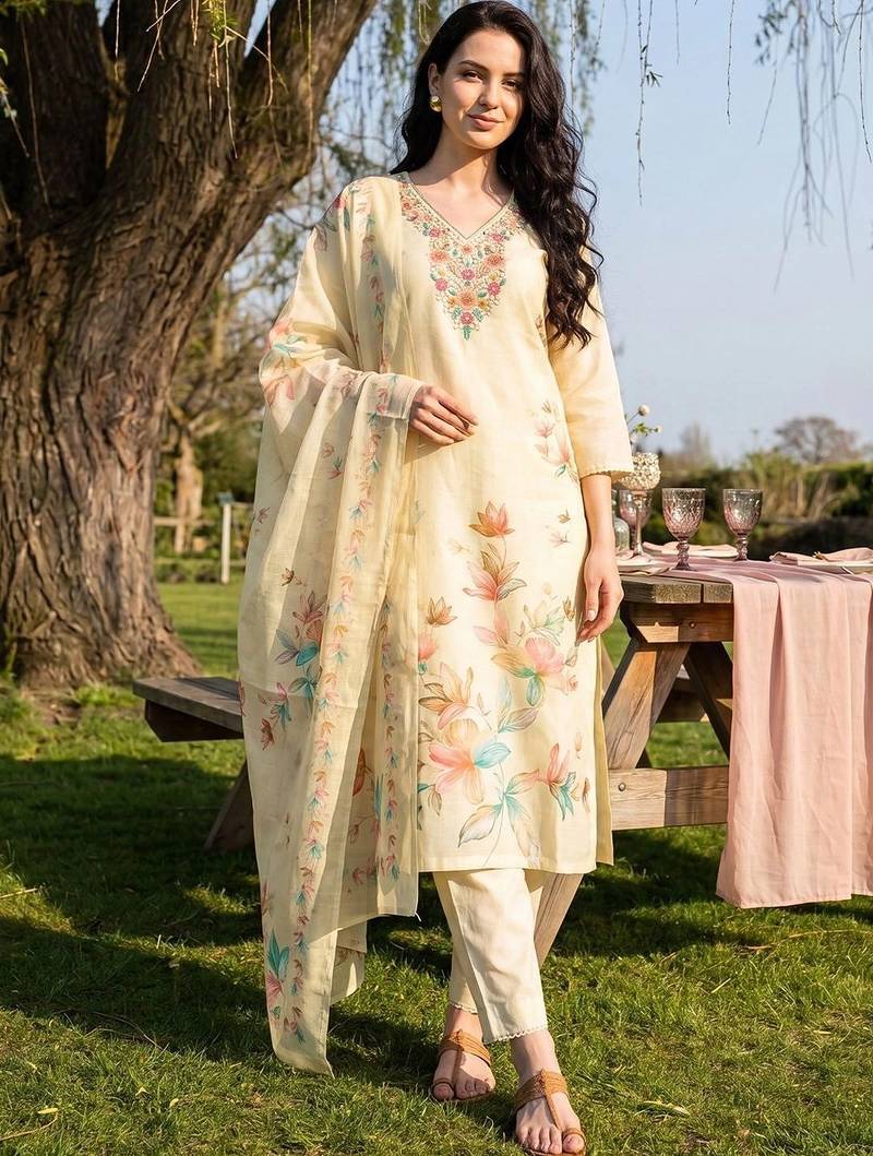 women floral printed regular thread work linen kurta with trousers & with dupatta
