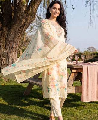 women floral printed regular thread work linen kurta with trousers & with dupatta 2