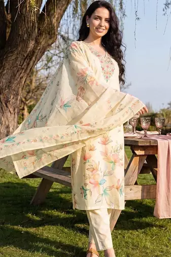 women floral printed regular thread work linen kurta with trousers & with dupatta