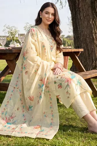 women floral printed regular thread work linen kurta with trousers & with dupatta
