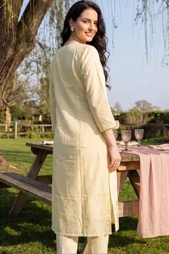 women floral printed regular thread work linen kurta with trousers & with dupatta