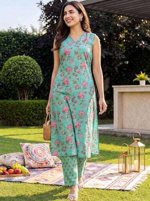 women floral printed regular cotton kurta with trousers 4